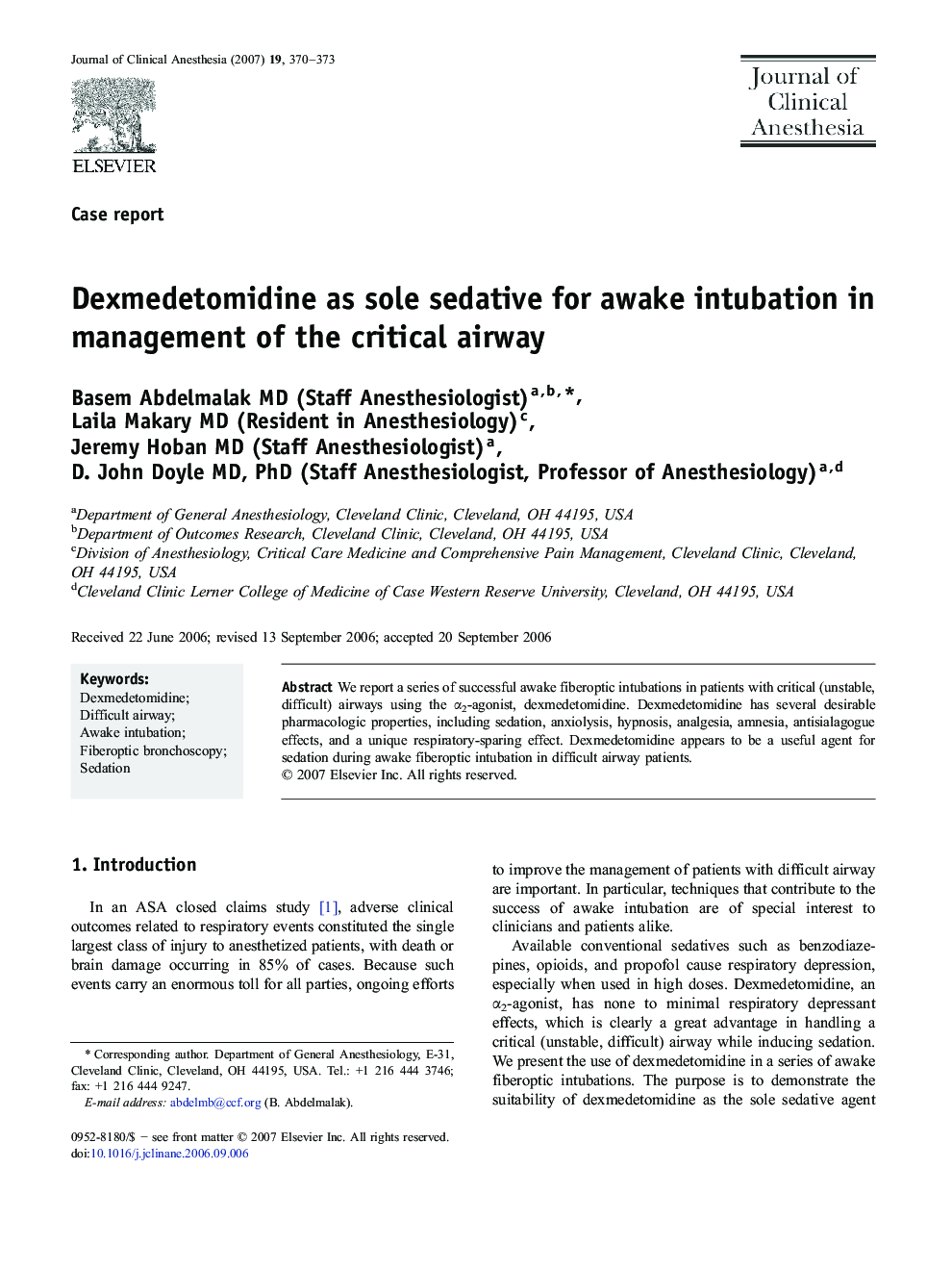 Dexmedetomidine as sole sedative for awake intubation in management of the critical airway