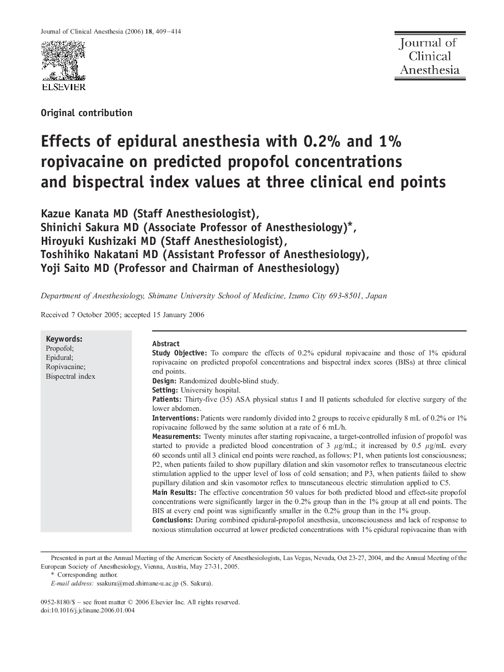 Effects of epidural anesthesia with 0.2% and 1% ropivacaine on predicted propofol concentrations and bispectral index values at three clinical end points 