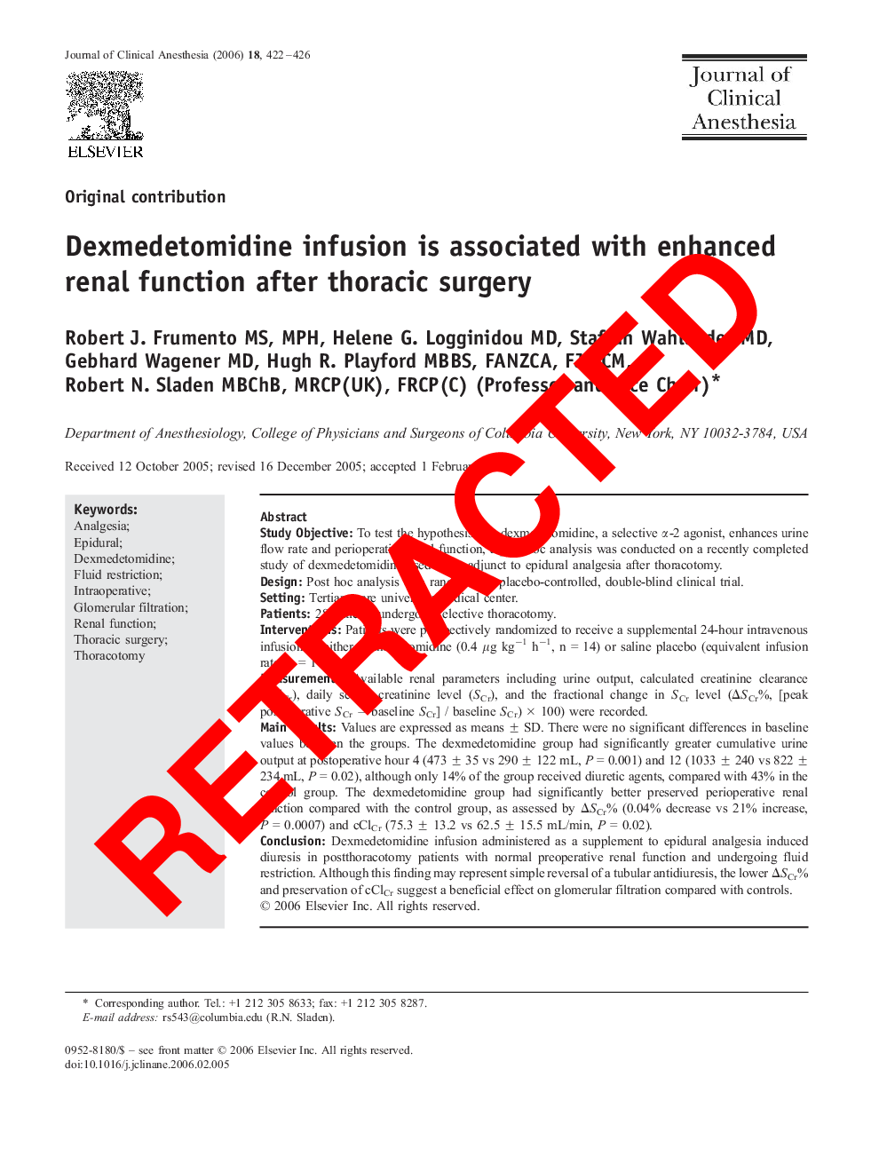 RETRACTED: Dexmedetomidine infusion is associated with enhanced renal function after thoracic surgery