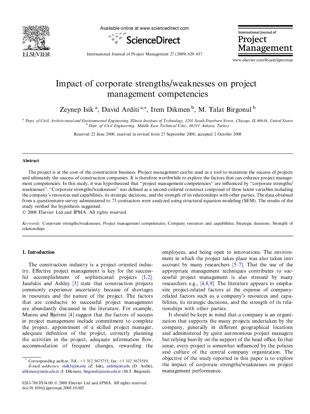 Impact of corporate strengths/weaknesses on project management competencies