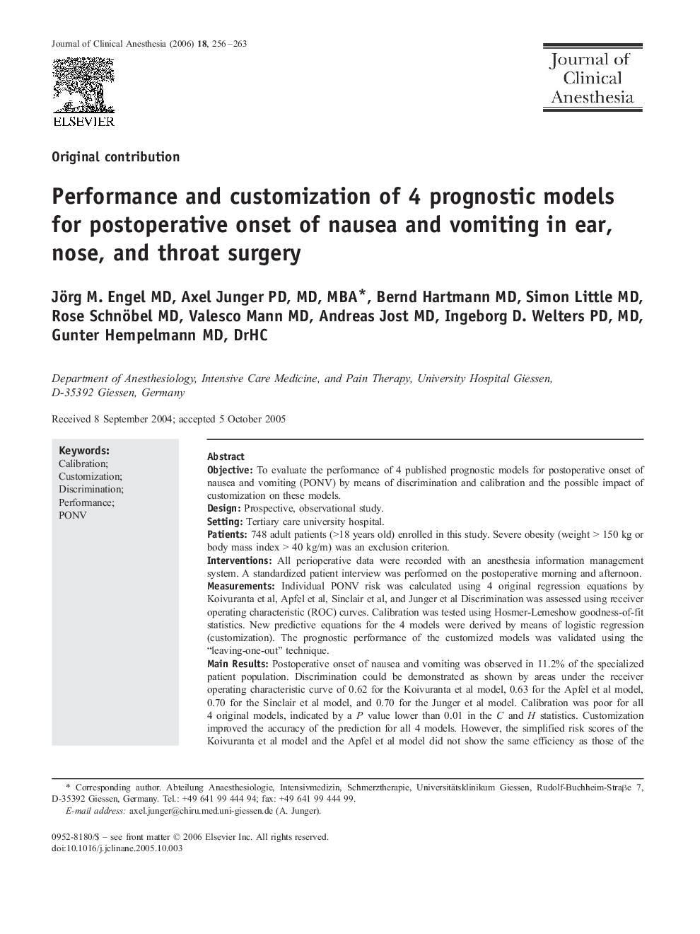 Performance and customization of 4 prognostic models for postoperative onset of nausea and vomiting in ear, nose, and throat surgery