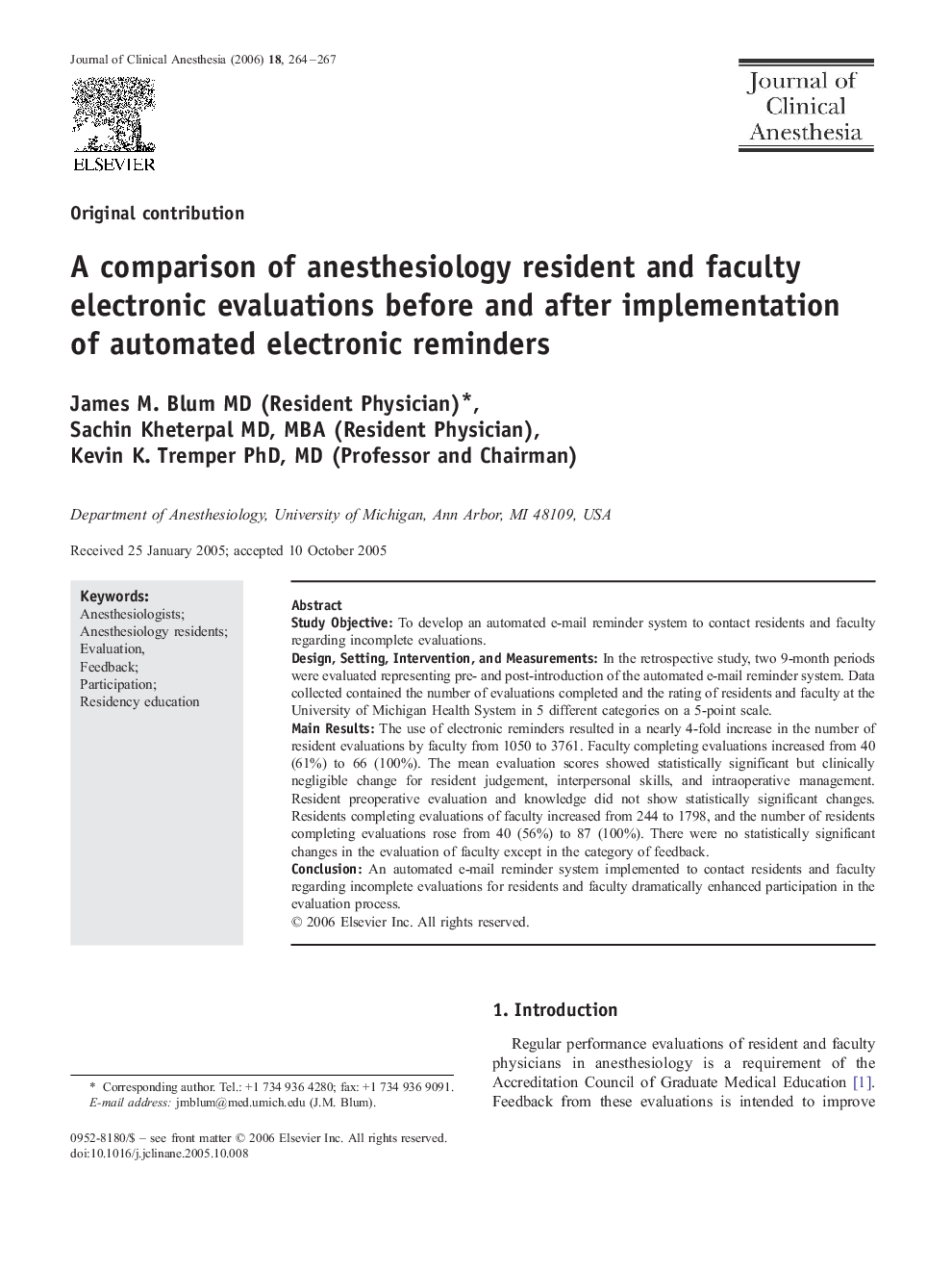 A comparison of anesthesiology resident and faculty electronic evaluations before and after implementation of automated electronic reminders