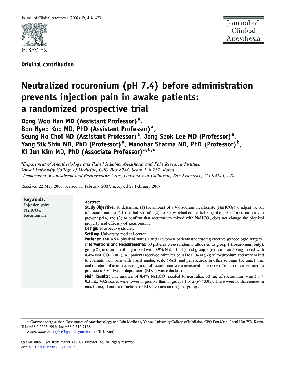 Neutralized rocuronium (pH 7.4) before administration prevents injection pain in awake patients: a randomized prospective trial