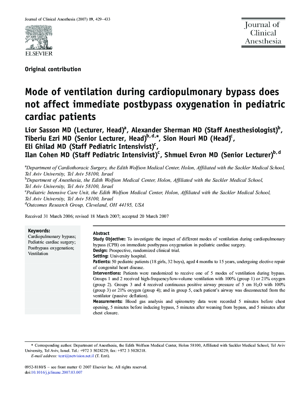 Mode of ventilation during cardiopulmonary bypass does not affect immediate postbypass oxygenation in pediatric cardiac patients