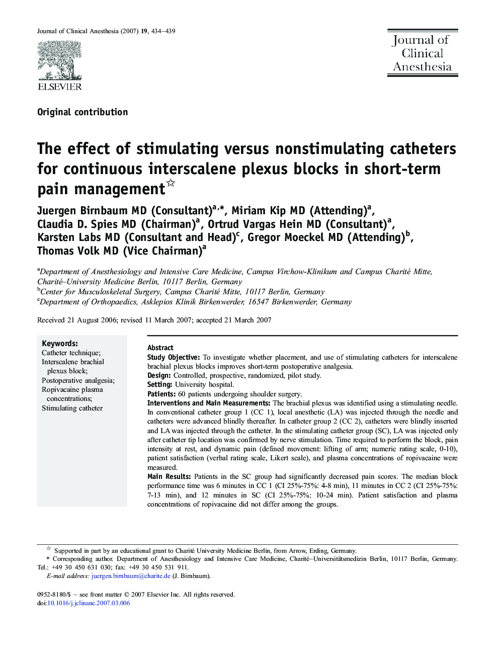 The effect of stimulating versus nonstimulating catheters for continuous interscalene plexus blocks in short-term pain management 