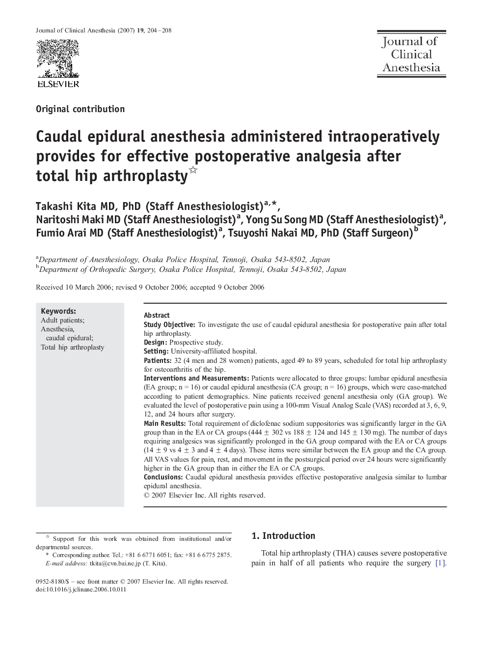 Caudal epidural anesthesia administered intraoperatively provides for effective postoperative analgesia after total hip arthroplasty