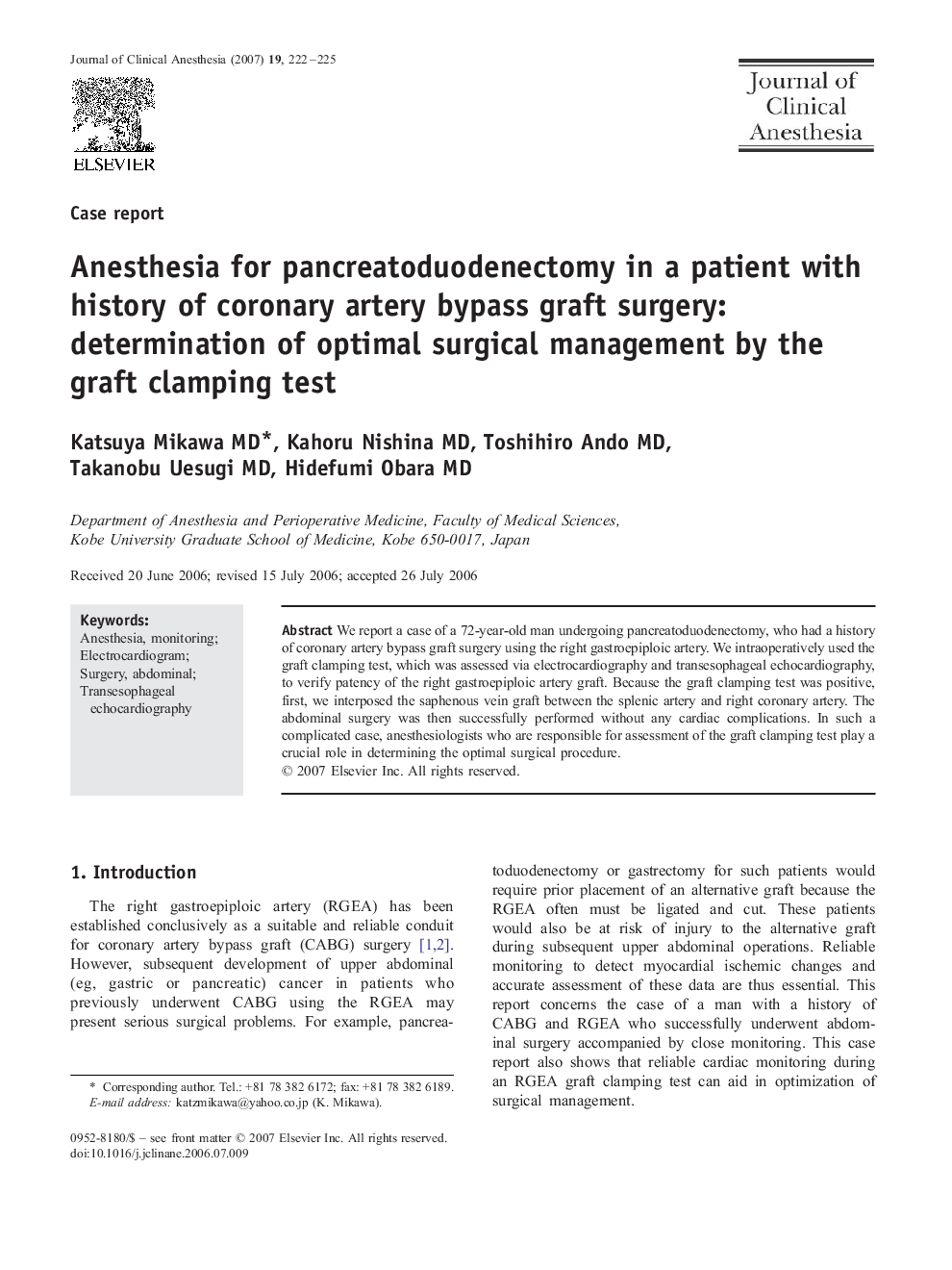 Anesthesia for pancreatoduodenectomy in a patient with history of coronary artery bypass graft surgery: determination of optimal surgical management by the graft clamping test