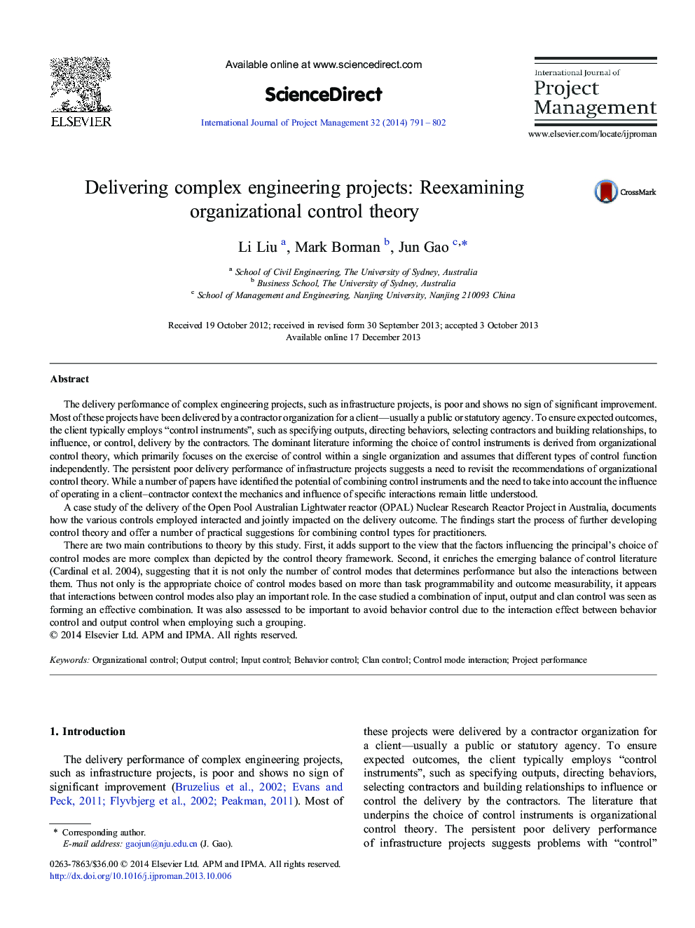 Delivering complex engineering projects: Reexamining organizational control theory