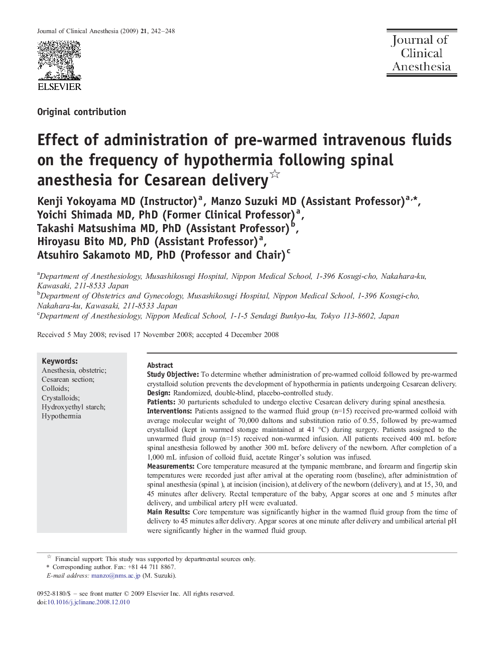 Effect of administration of pre-warmed intravenous fluids on the frequency of hypothermia following spinal anesthesia for Cesarean delivery 