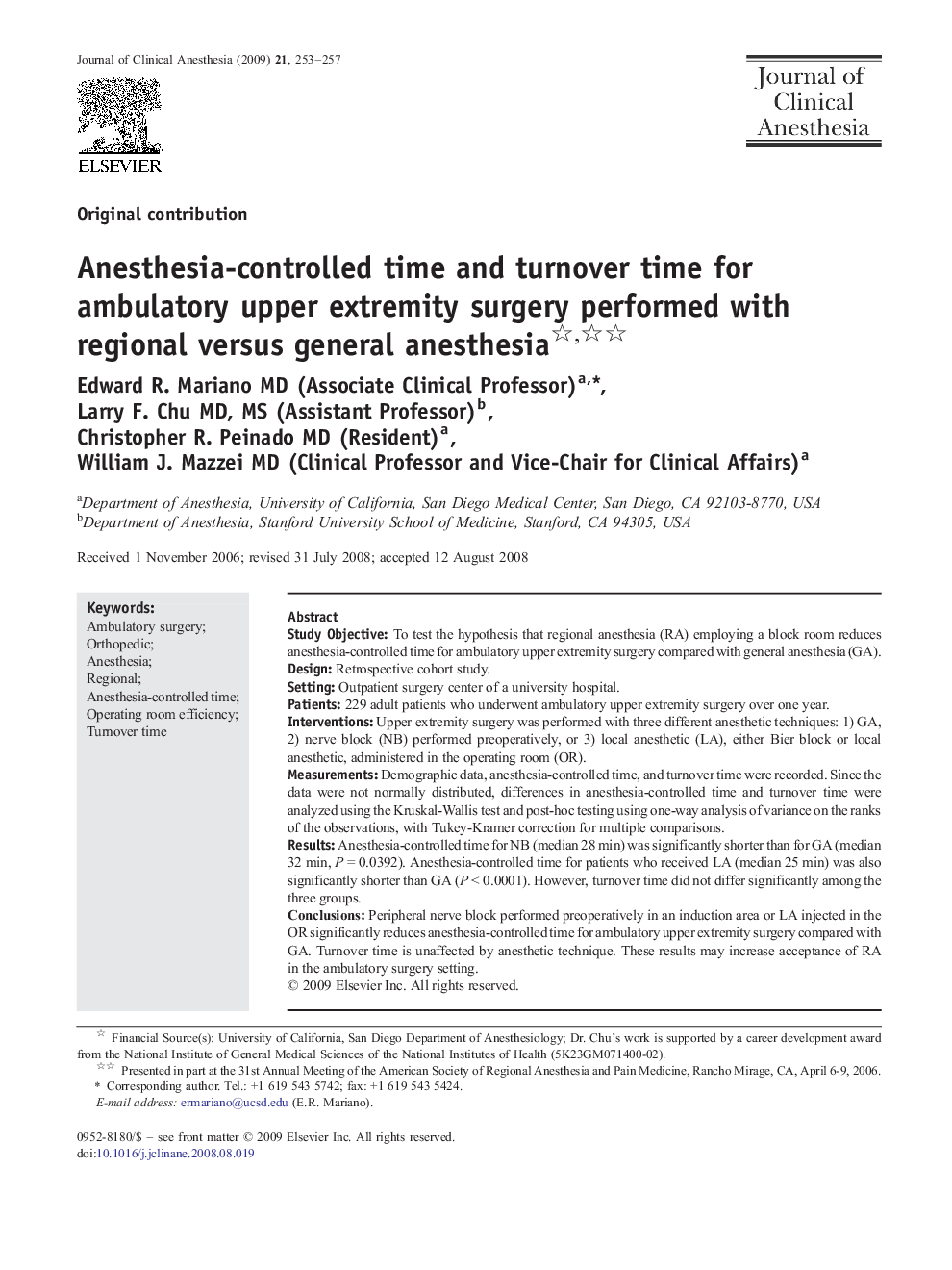 Anesthesia-controlled time and turnover time for ambulatory upper extremity surgery performed with regional versus general anesthesia 