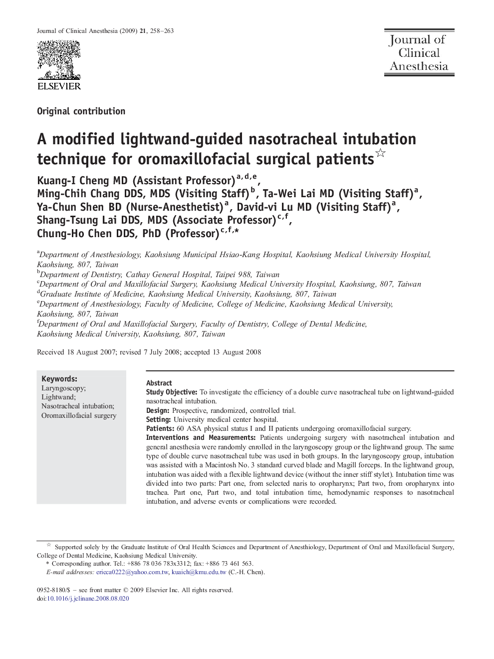 A modified lightwand-guided nasotracheal intubation technique for oromaxillofacial surgical patients 