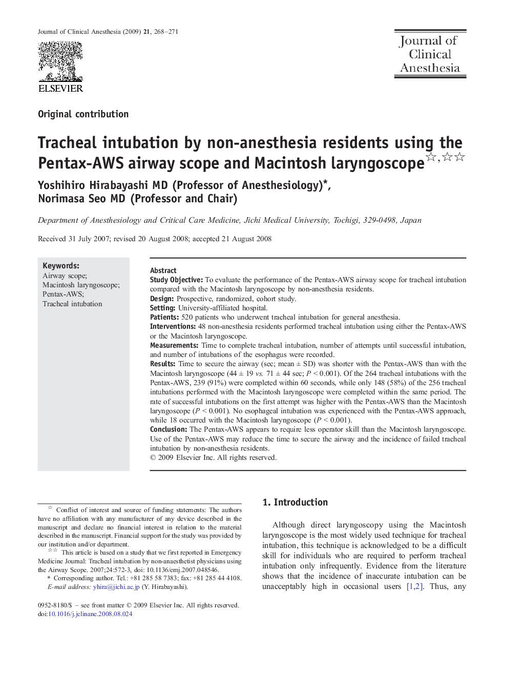 Tracheal intubation by non-anesthesia residents using the Pentax-AWS airway scope and Macintosh laryngoscope 