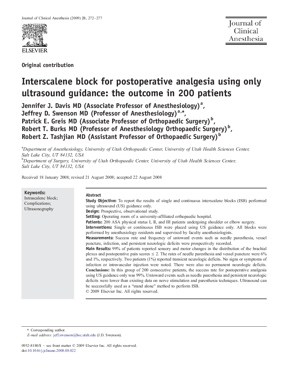 Interscalene block for postoperative analgesia using only ultrasound guidance: the outcome in 200 patients