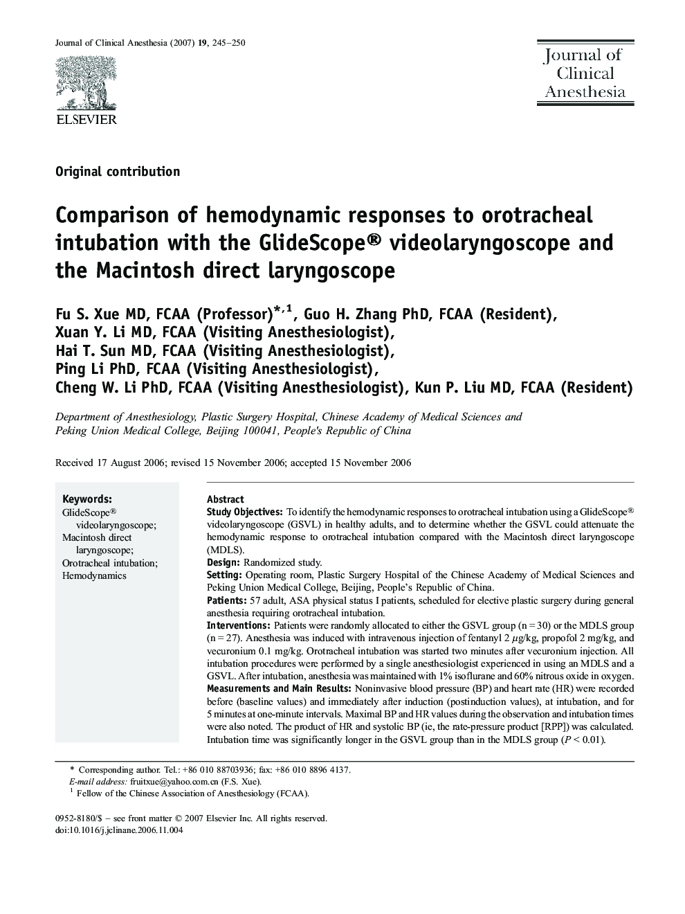 Comparison of hemodynamic responses to orotracheal intubation with the GlideScope® videolaryngoscope and the Macintosh direct laryngoscope