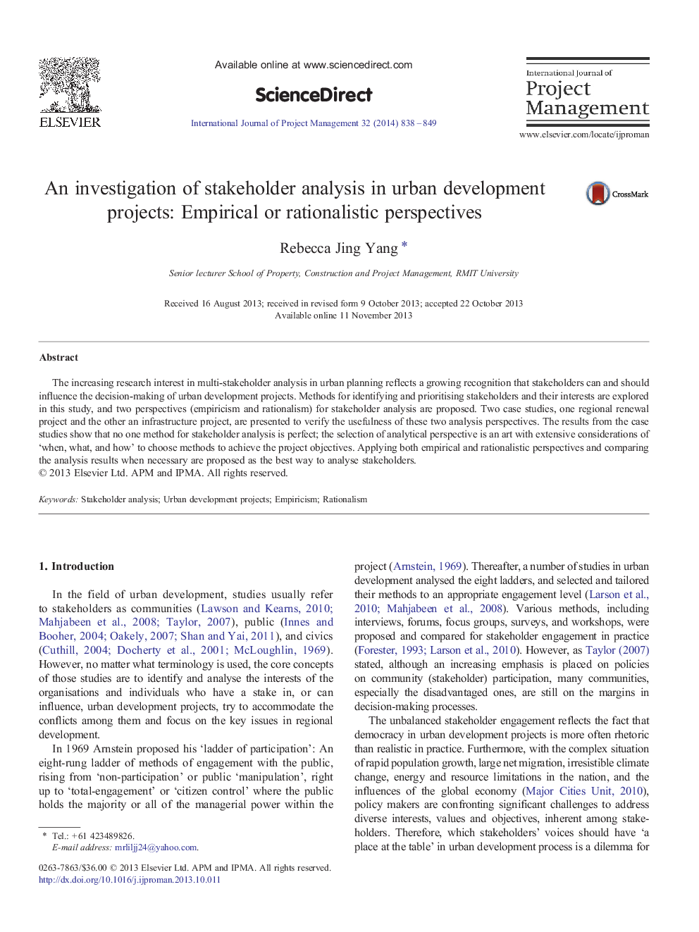 An investigation of stakeholder analysis in urban development projects: Empirical or rationalistic perspectives