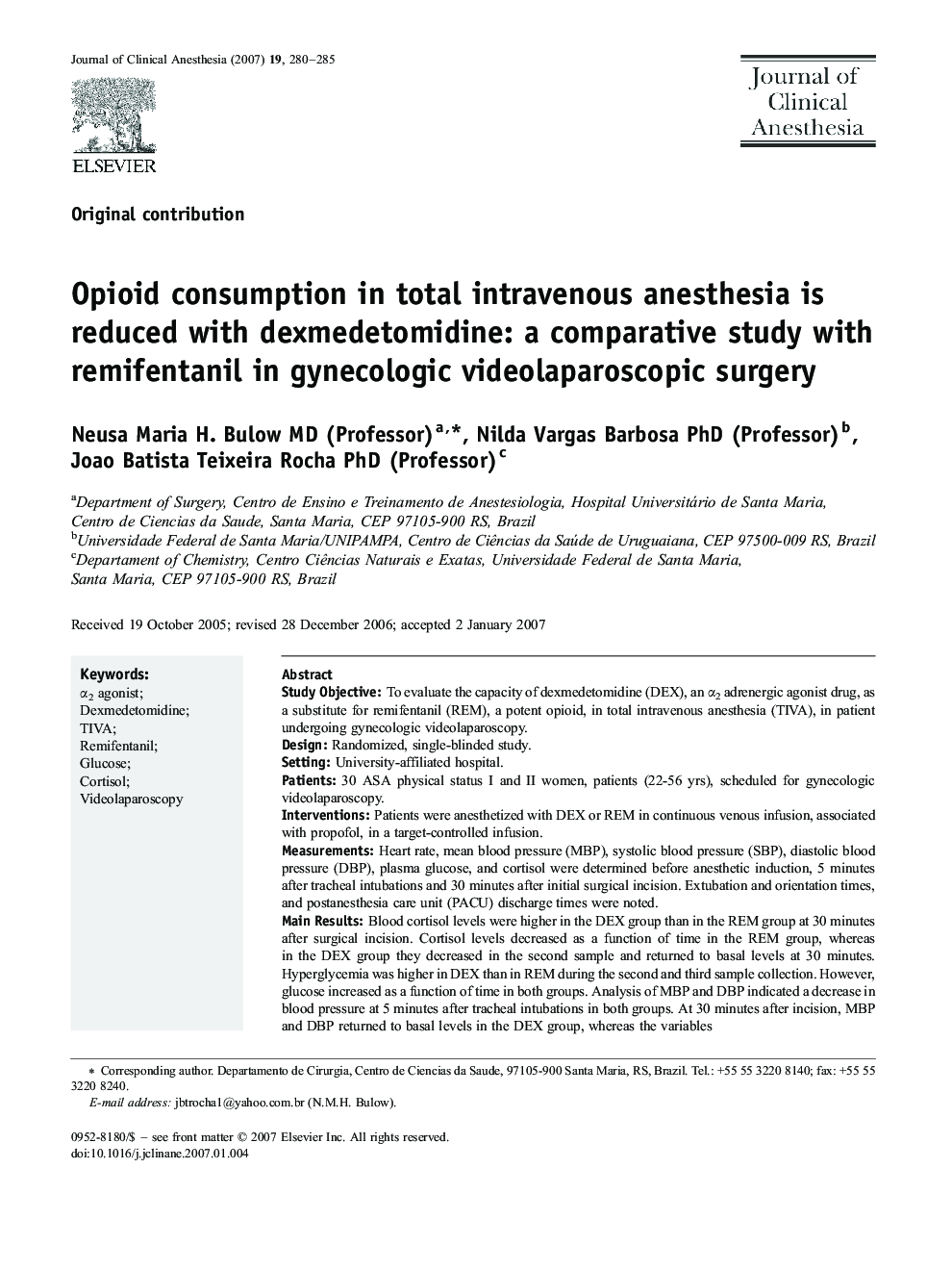 Opioid consumption in total intravenous anesthesia is reduced with dexmedetomidine: a comparative study with remifentanil in gynecologic videolaparoscopic surgery