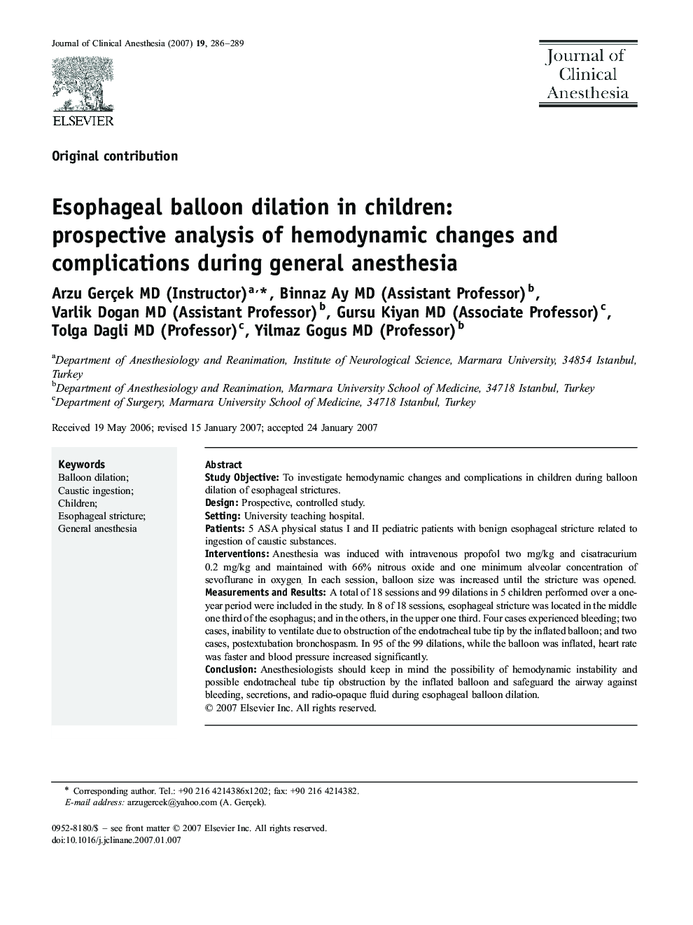 Esophageal balloon dilation in children: prospective analysis of hemodynamic changes and complications during general anesthesia