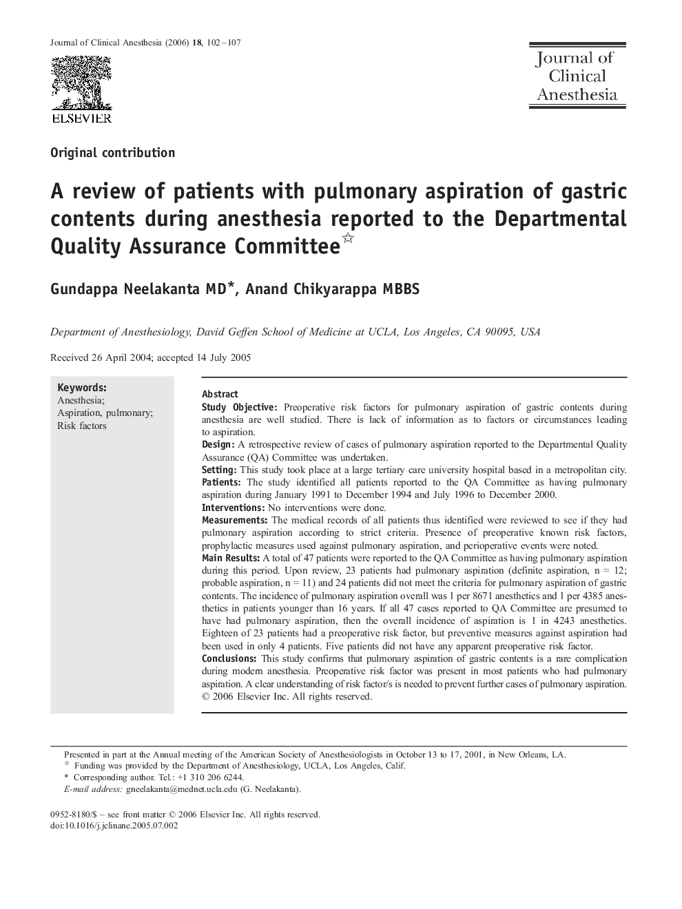 A review of patients with pulmonary aspiration of gastric contents during anesthesia reported to the Departmental Quality Assurance Committee 