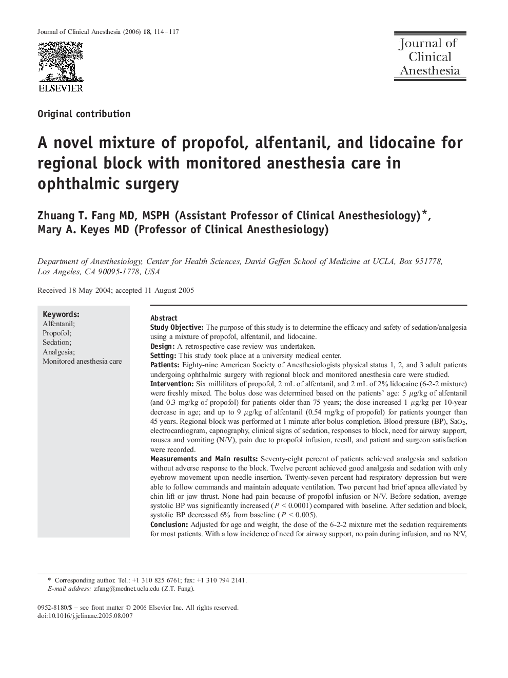 A novel mixture of propofol, alfentanil, and lidocaine for regional block with monitored anesthesia care in ophthalmic surgery