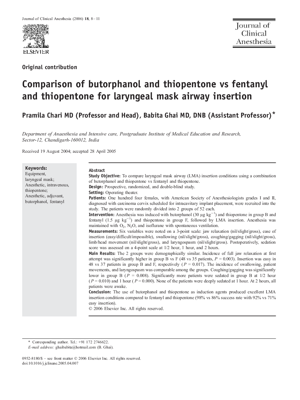 Comparison of butorphanol and thiopentone vs fentanyl and thiopentone for laryngeal mask airway insertion