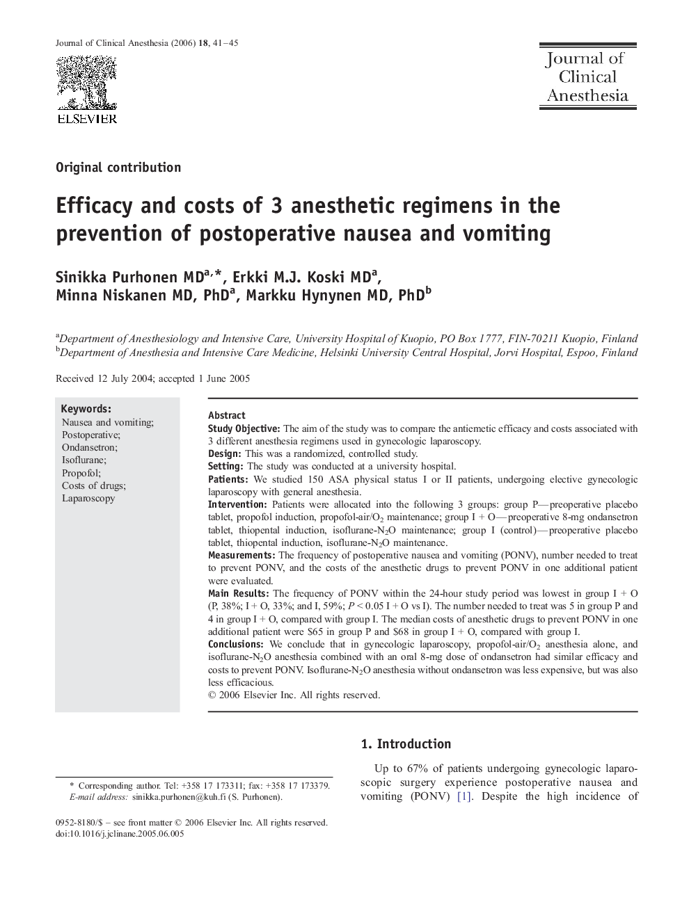 Efficacy and costs of 3 anesthetic regimens in the prevention of postoperative nausea and vomiting