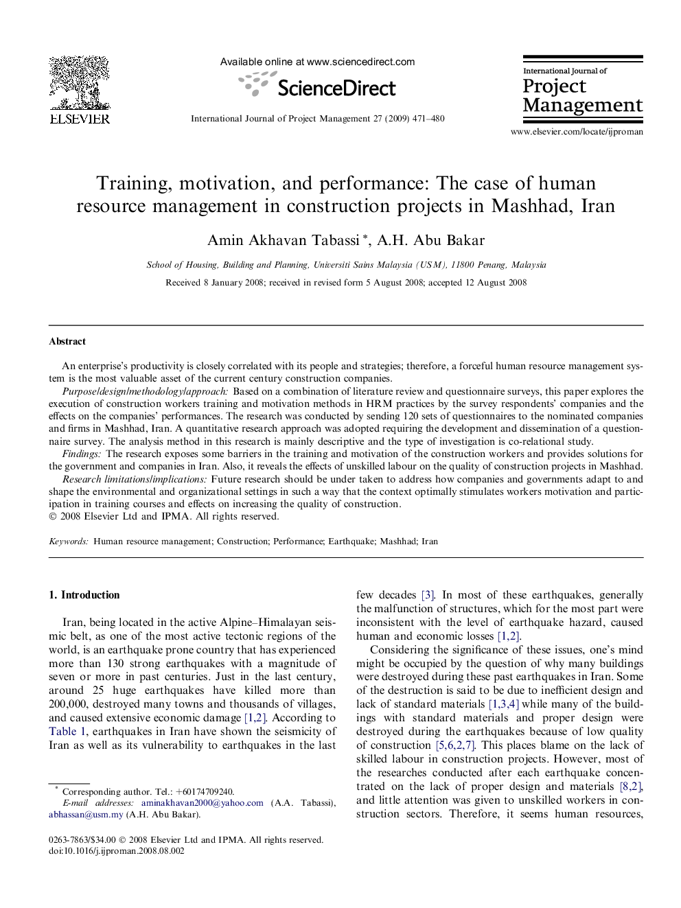 Training, motivation, and performance: The case of human resource management in construction projects in Mashhad, Iran