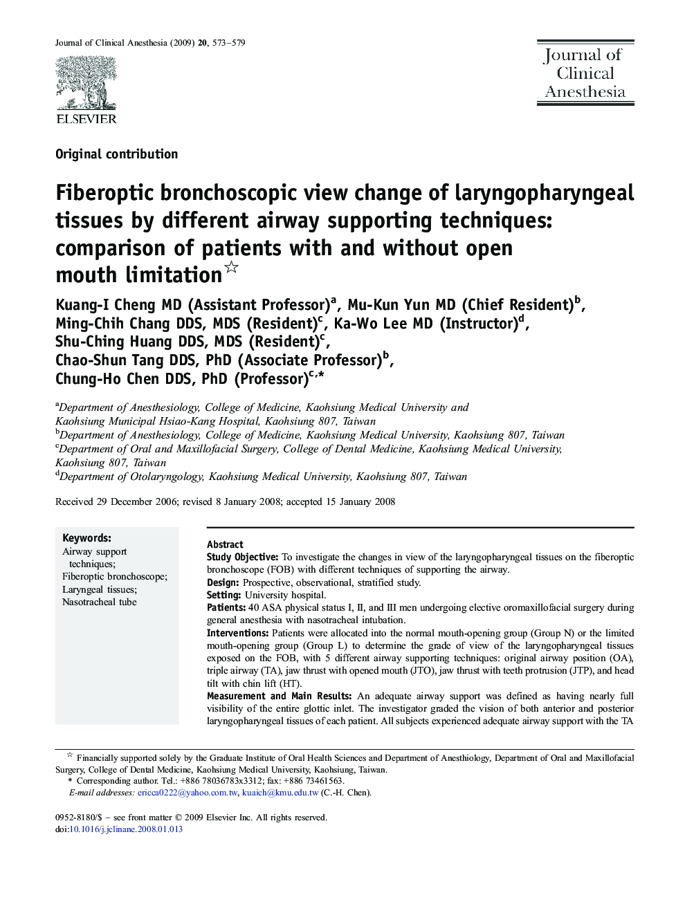 Fiberoptic bronchoscopic view change of laryngopharyngeal tissues by different airway supporting techniques: comparison of patients with and without open mouth limitation 