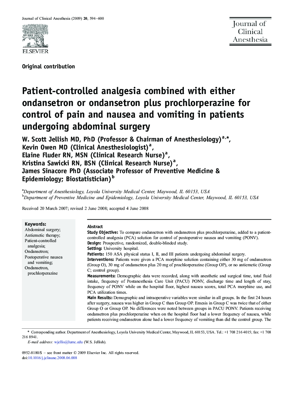 Patient-controlled analgesia combined with either ondansetron or ondansetron plus prochlorperazine for control of pain and nausea and vomiting in patients undergoing abdominal surgery