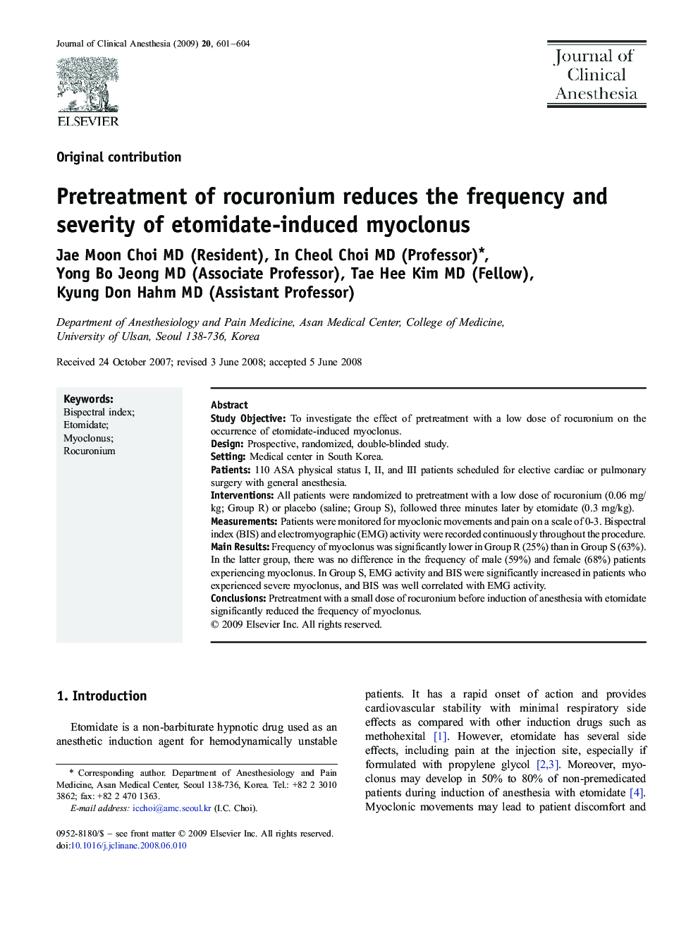 Pretreatment of rocuronium reduces the frequency and severity of etomidate-induced myoclonus