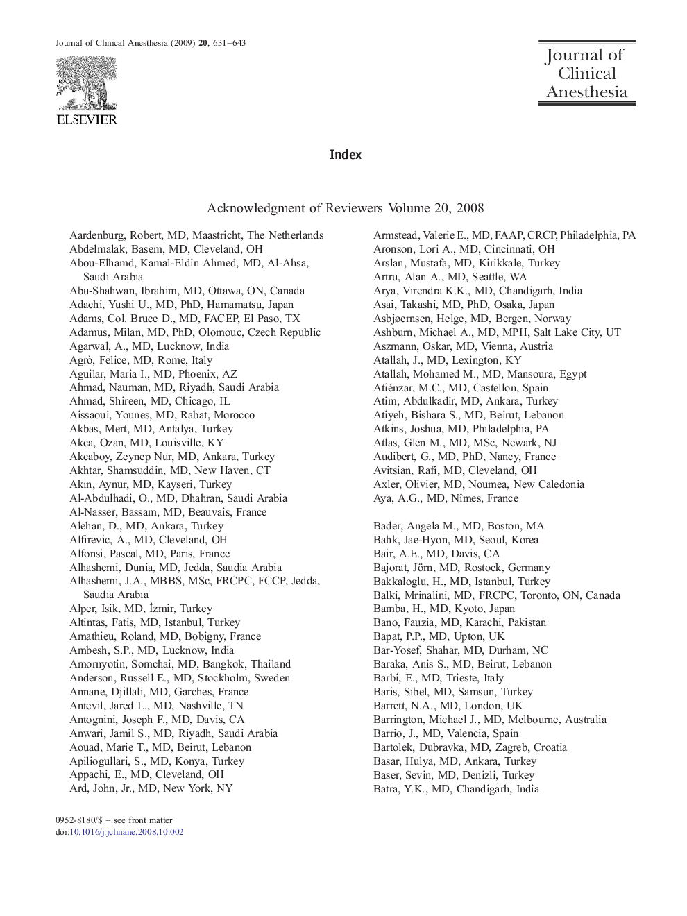 Acknowledgment of Reviewers Volume 20, 2008