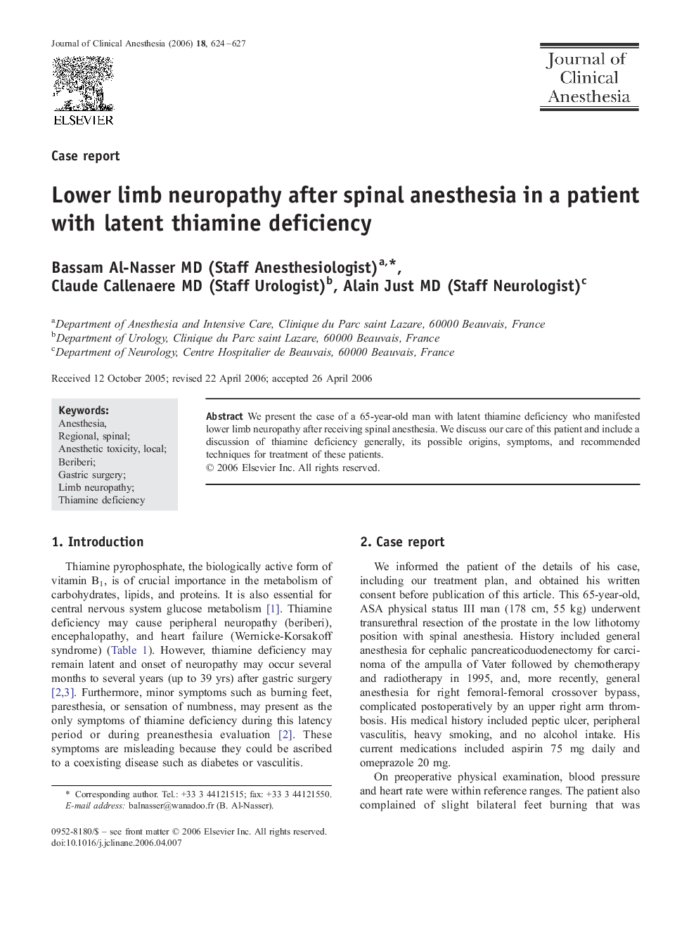 Lower limb neuropathy after spinal anesthesia in a patient with latent thiamine deficiency