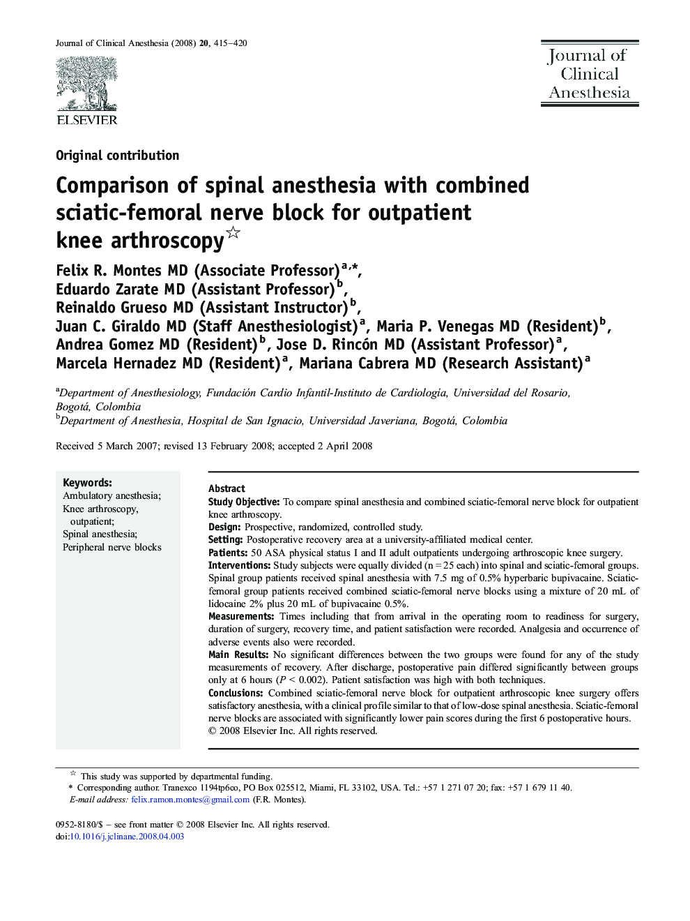 Comparison of spinal anesthesia with combined sciatic-femoral nerve block for outpatient knee arthroscopy 