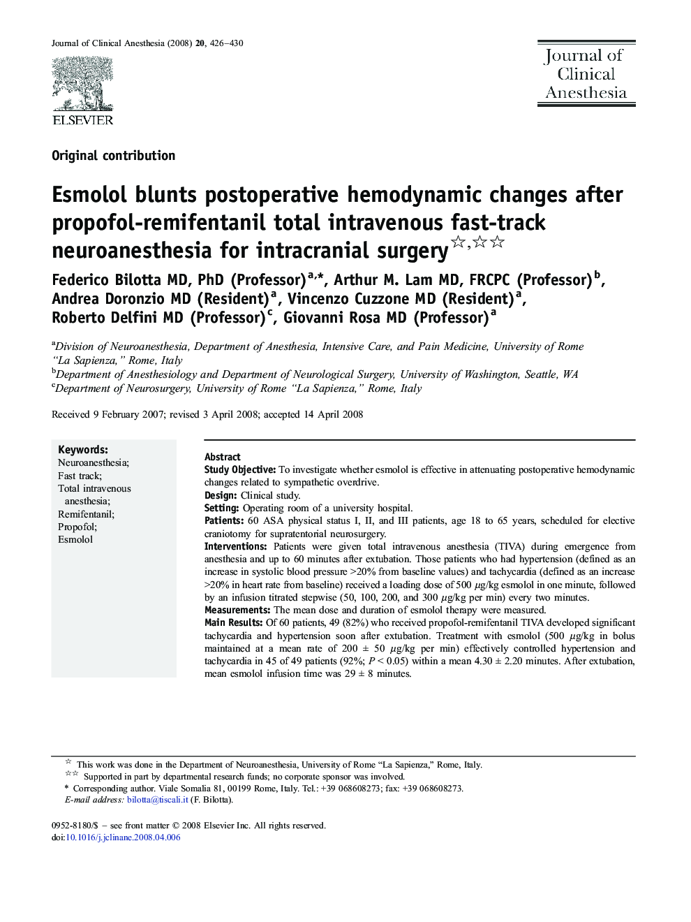 Esmolol blunts postoperative hemodynamic changes after propofol-remifentanil total intravenous fast-track neuroanesthesia for intracranial surgery 