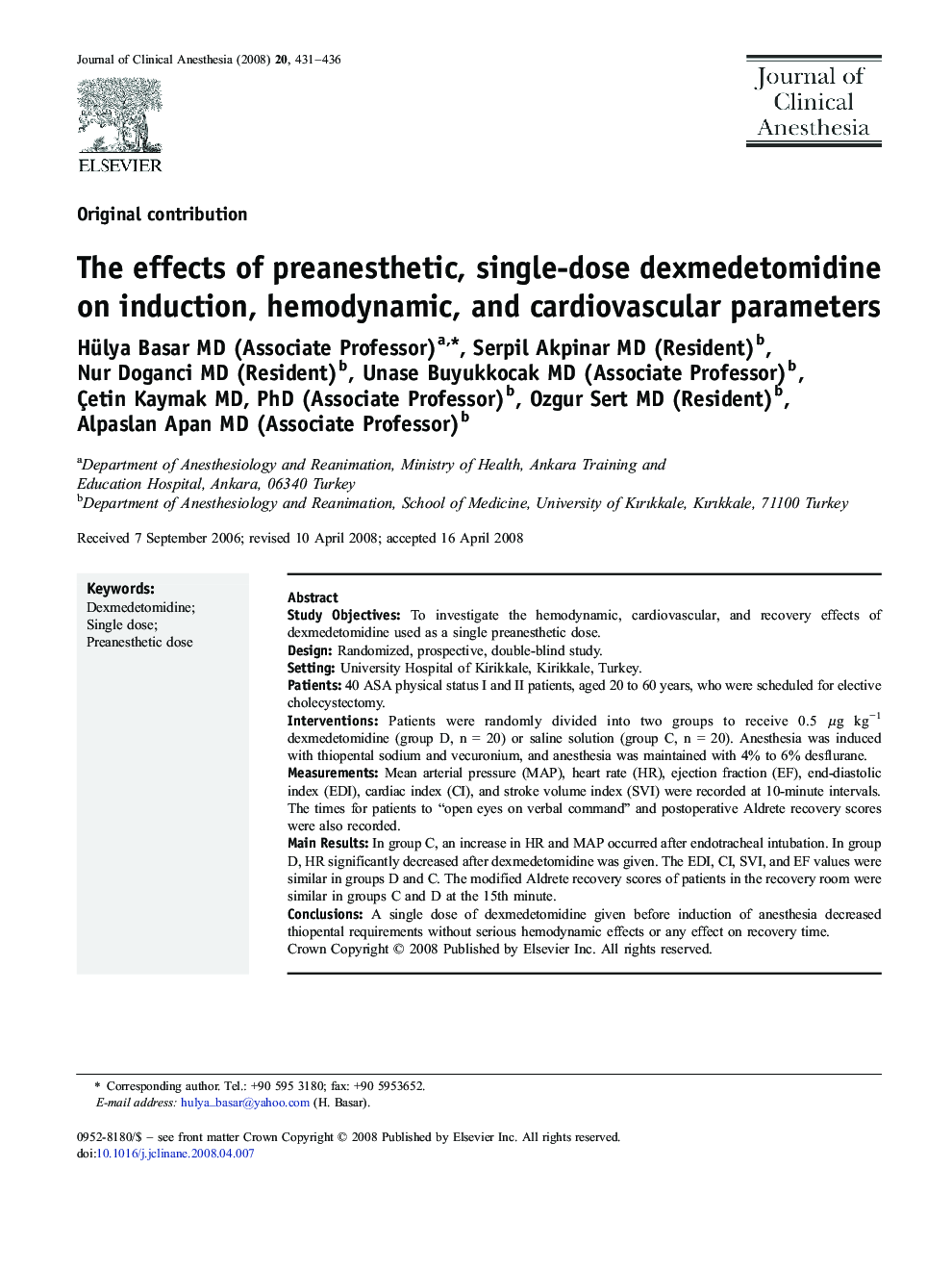 The effects of preanesthetic, single-dose dexmedetomidine on induction, hemodynamic, and cardiovascular parameters