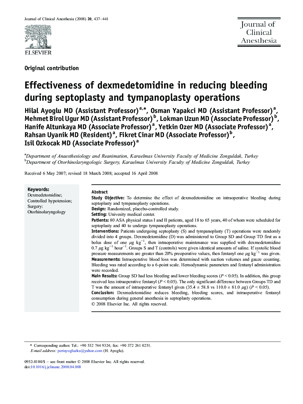 Effectiveness of dexmedetomidine in reducing bleeding during septoplasty and tympanoplasty operations