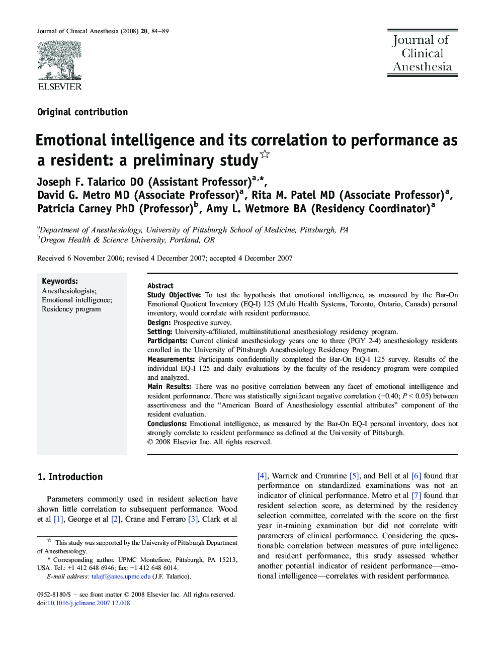 Emotional intelligence and its correlation to performance as a resident: a preliminary study 