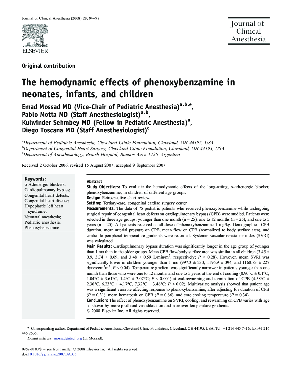 The hemodynamic effects of phenoxybenzamine in neonates, infants, and children