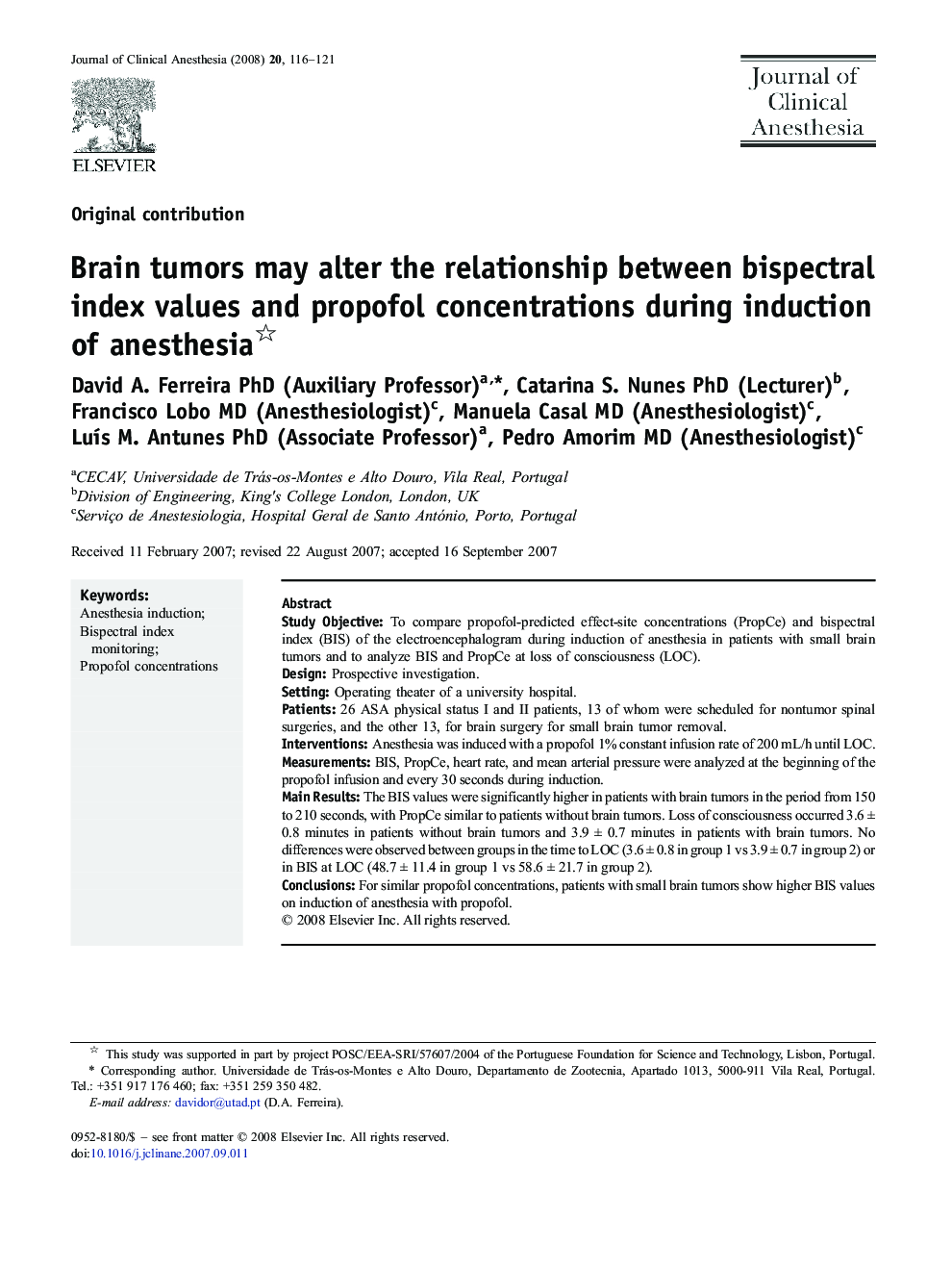 Brain tumors may alter the relationship between bispectral index values and propofol concentrations during induction of anesthesia 