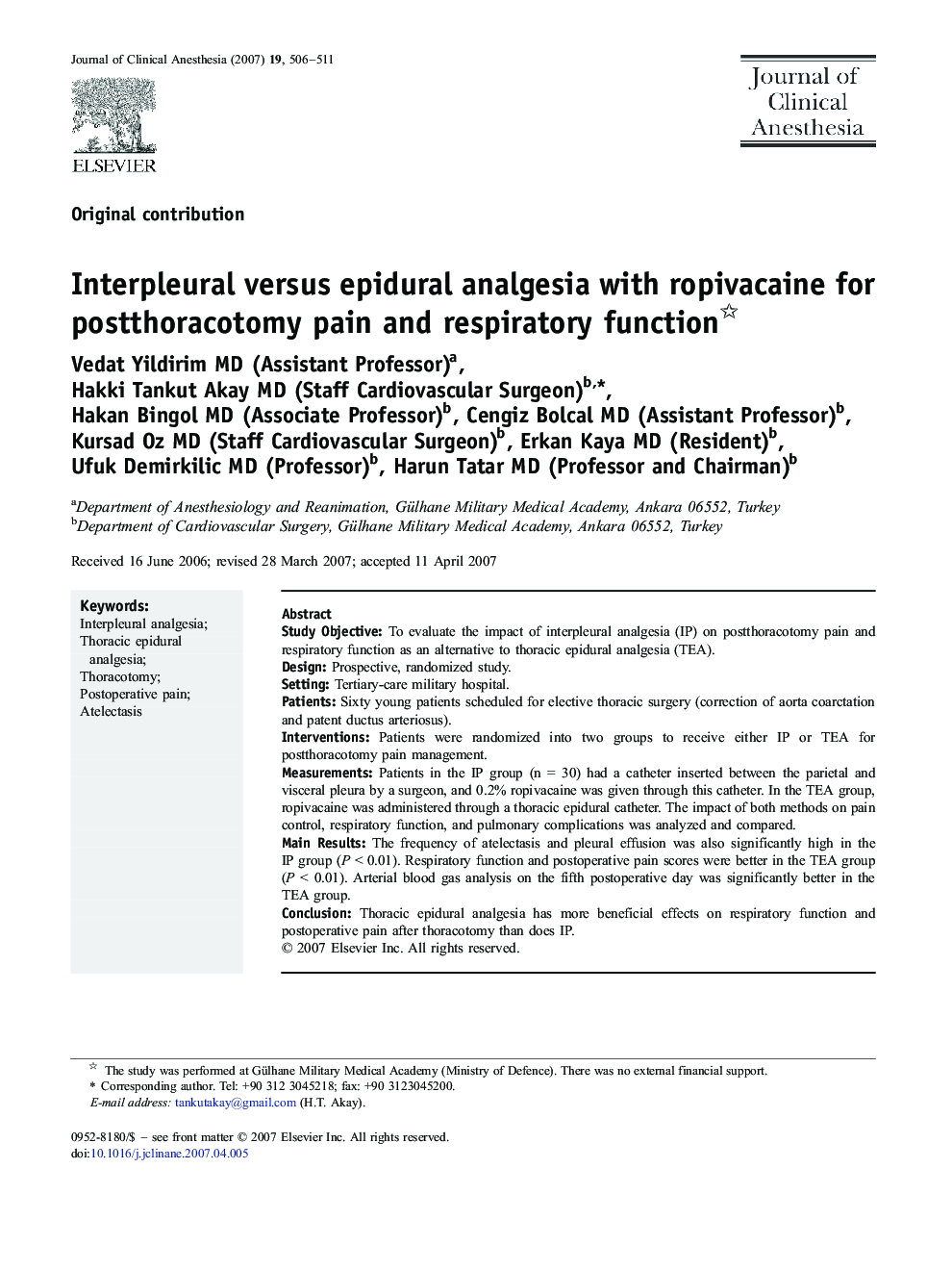 Interpleural versus epidural analgesia with ropivacaine for postthoracotomy pain and respiratory function 