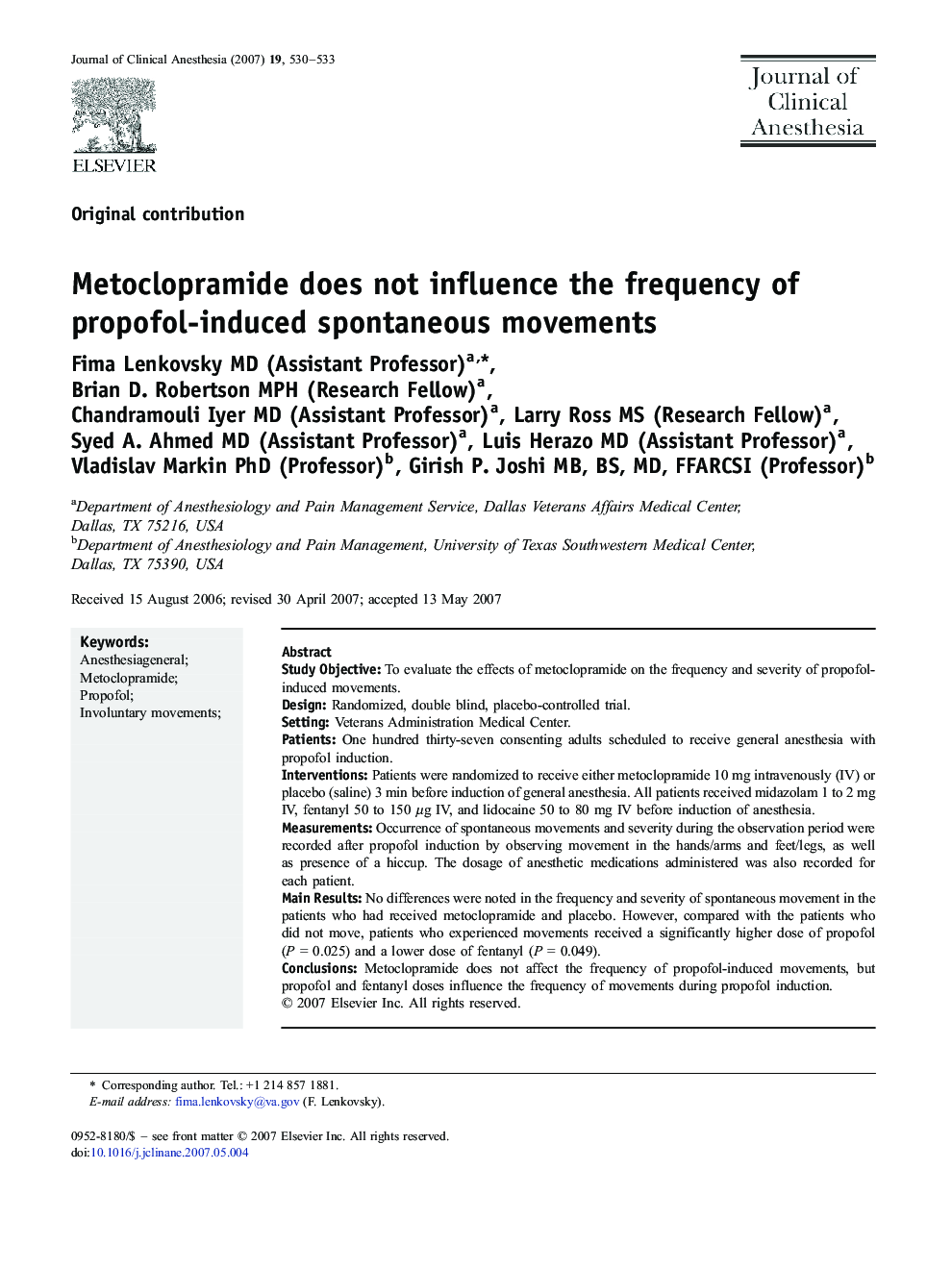 Metoclopramide does not influence the frequency of propofol-induced spontaneous movements