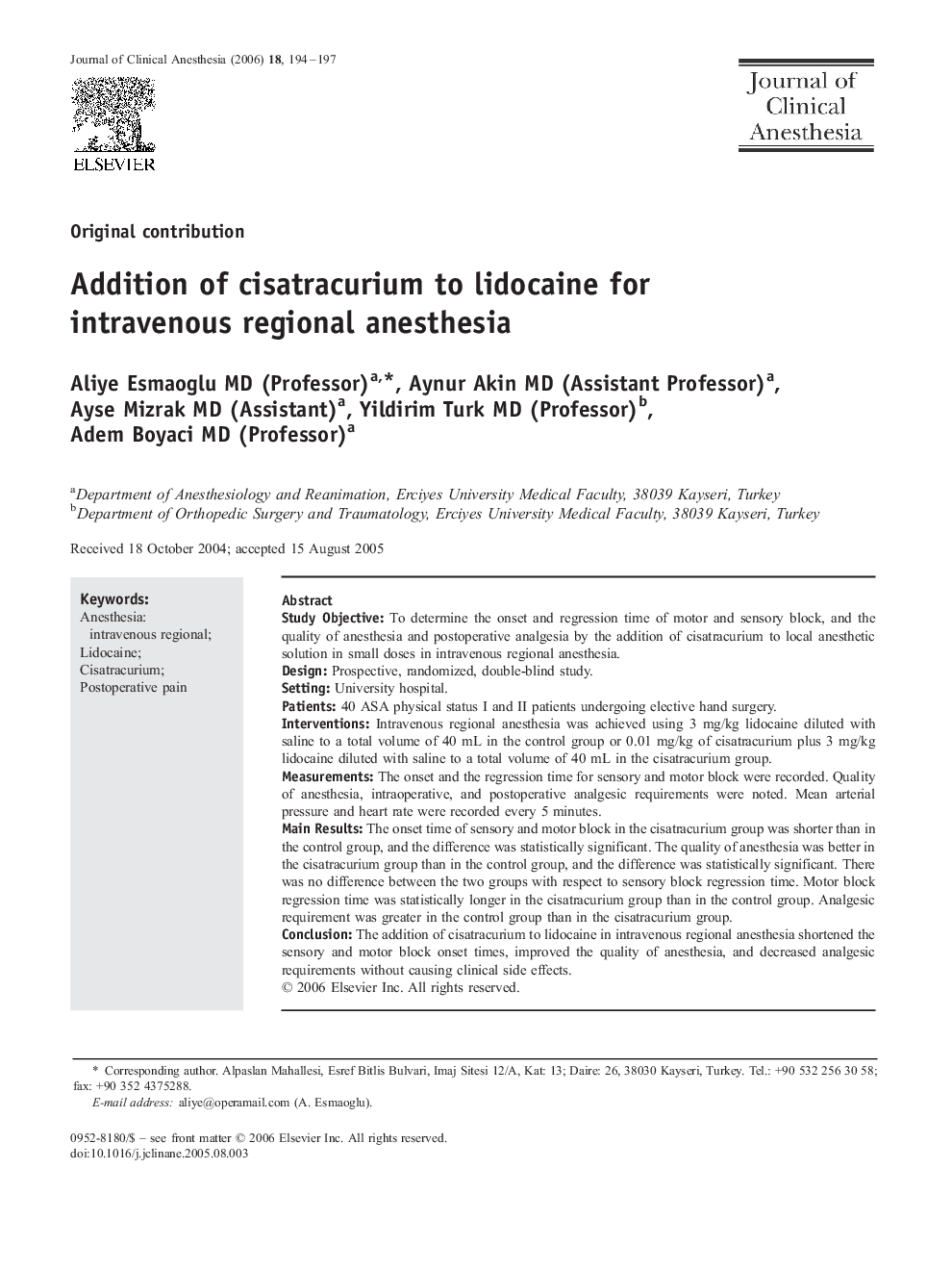 Addition of cisatracurium to lidocaine for intravenous regional anesthesia