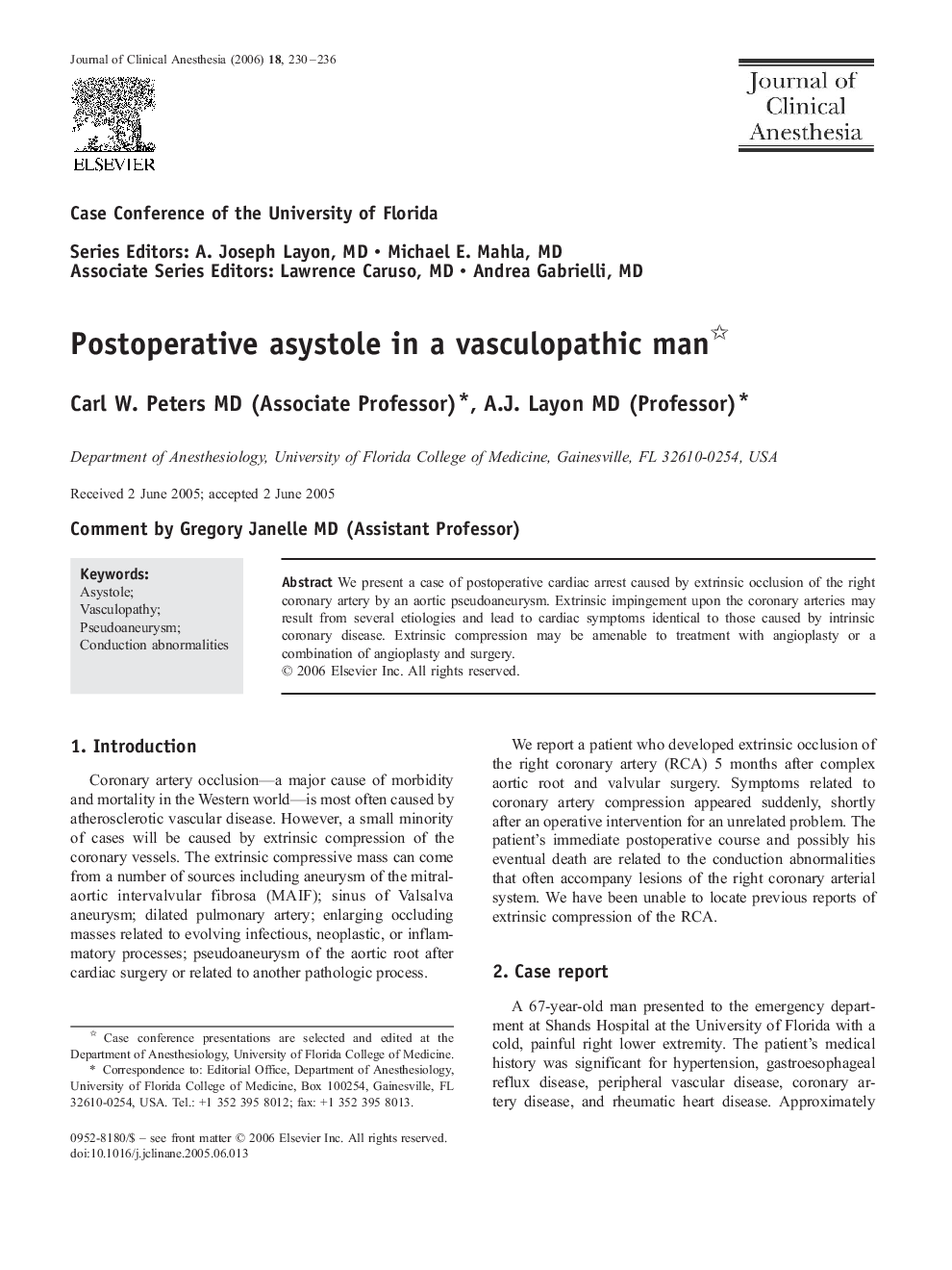 Postoperative asystole in a vasculopathic man