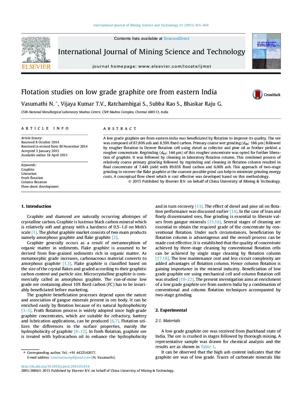 Flotation studies on low grade graphite ore from eastern India