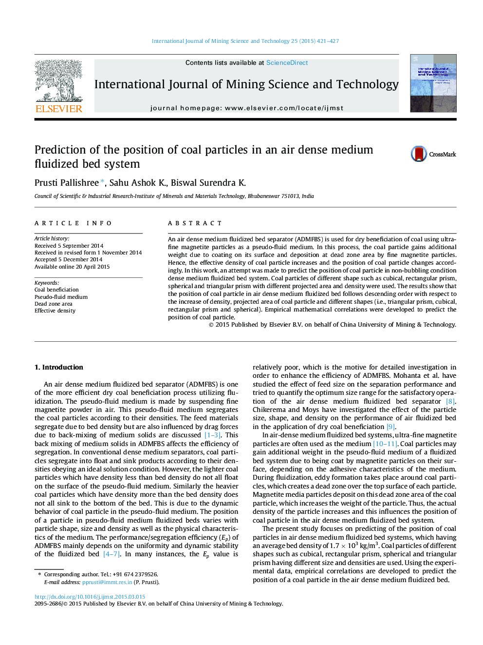 Prediction of the position of coal particles in an air dense medium fluidized bed system