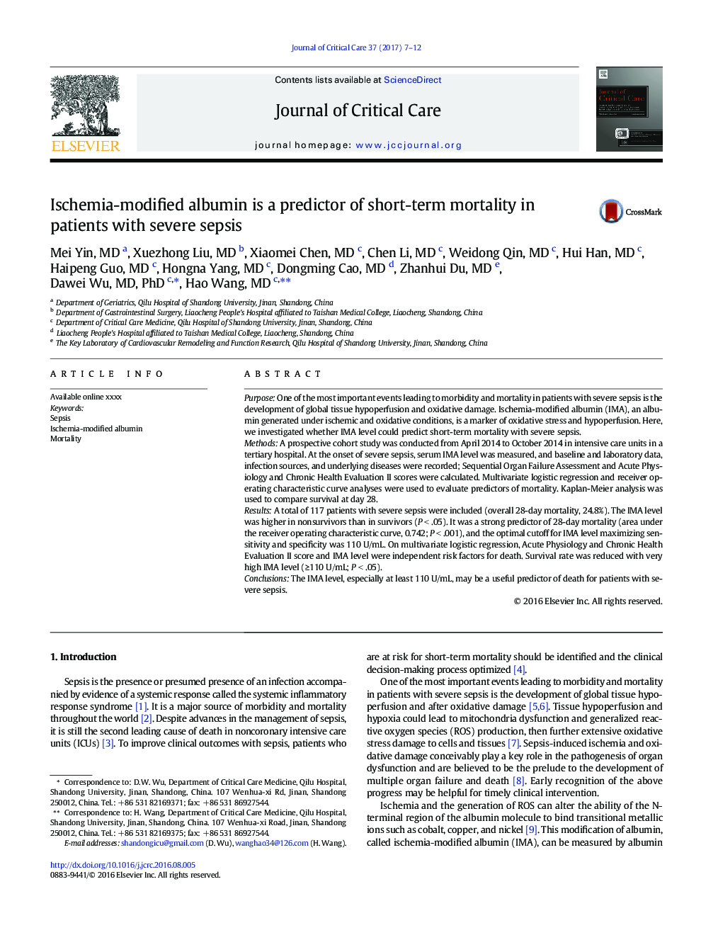 Ischemia-modified albumin is a predictor of short-term mortality in patients with severe sepsis