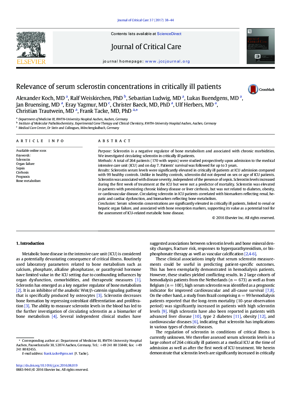 Relevance of serum sclerostin concentrations in critically ill patients