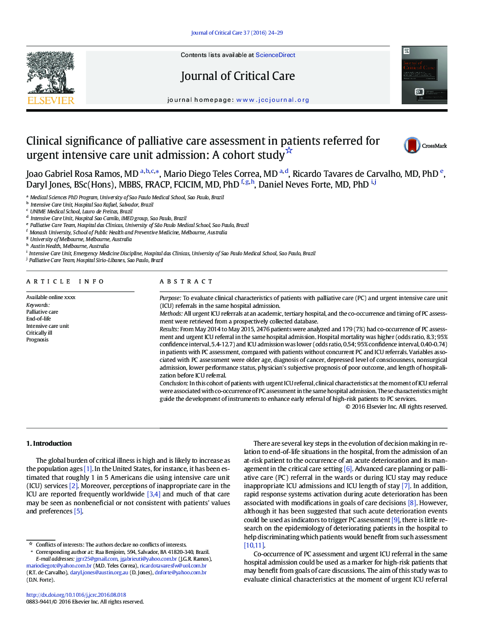 Clinical significance of palliative care assessment in patients referred for urgent intensive care unit admission: A cohort study 