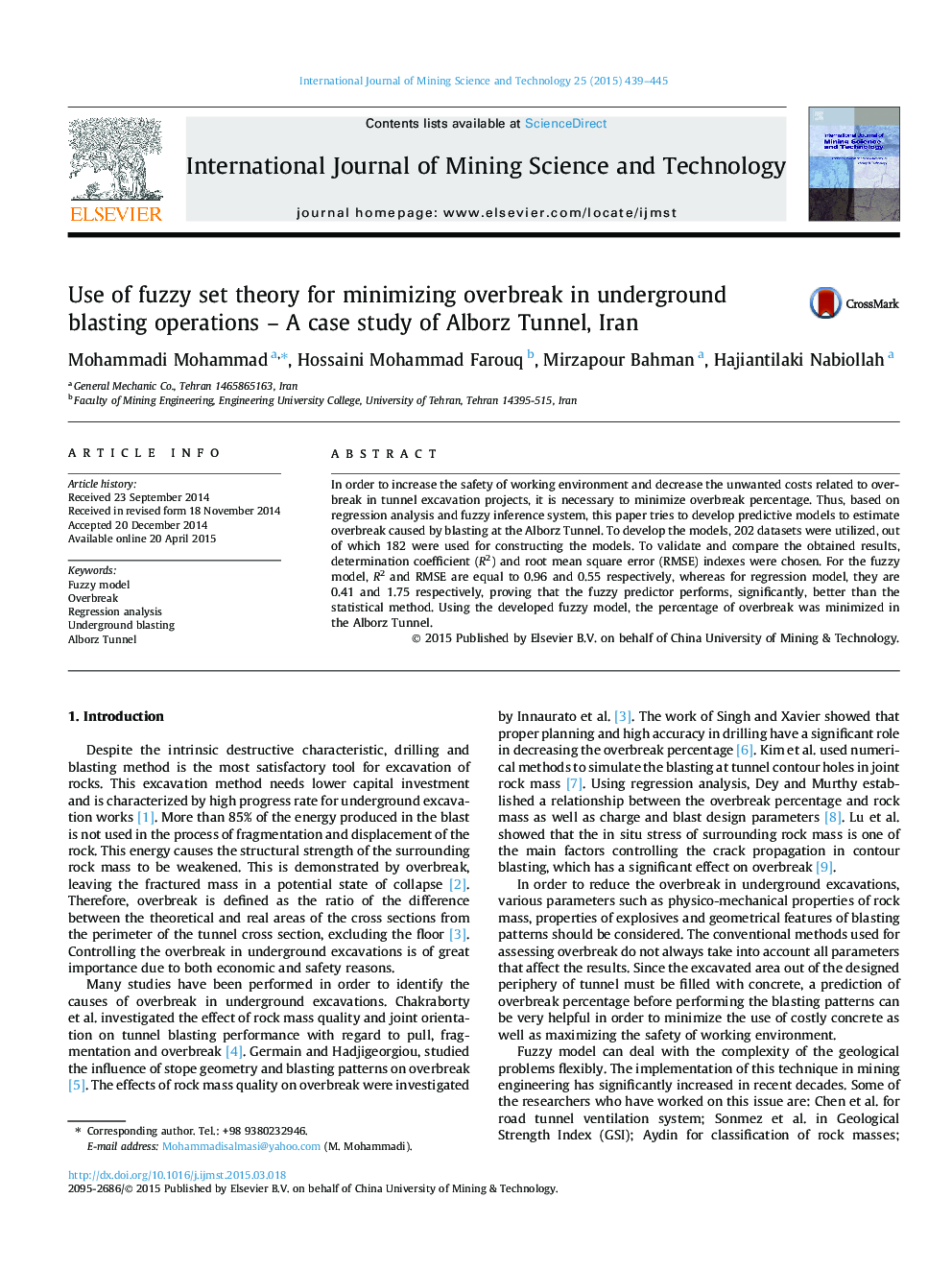 Use of fuzzy set theory for minimizing overbreak in underground blasting operations – A case study of Alborz Tunnel, Iran