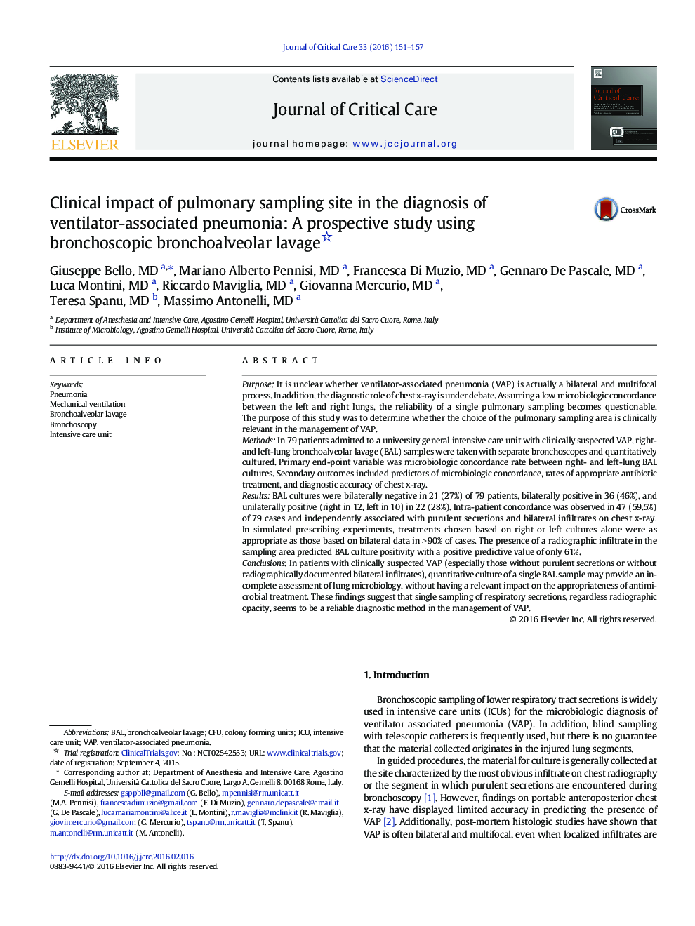 Clinical impact of pulmonary sampling site in the diagnosis of ventilator-associated pneumonia: A prospective study using bronchoscopic bronchoalveolar lavage 