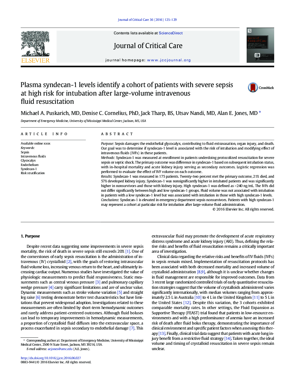 Plasma syndecan-1 levels identify a cohort of patients with severe sepsis at high risk for intubation after large-volume intravenous fluid resuscitation